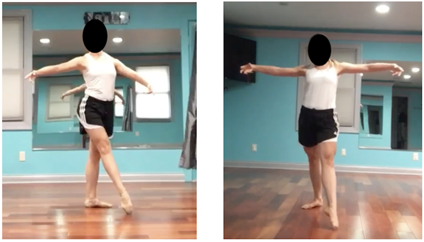 Dancer D1 showing a tendu in classical ballet (left) and contemporary dance (right)